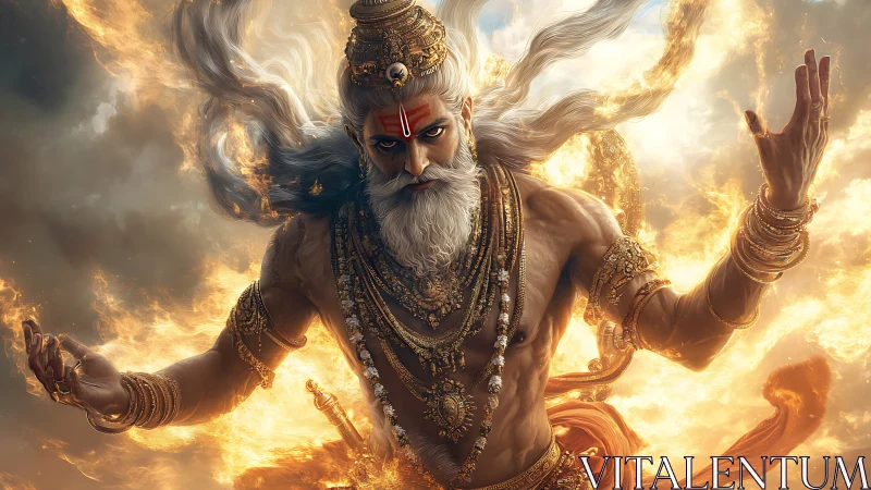 Muscular bearded deity figure floats in flames and clouds