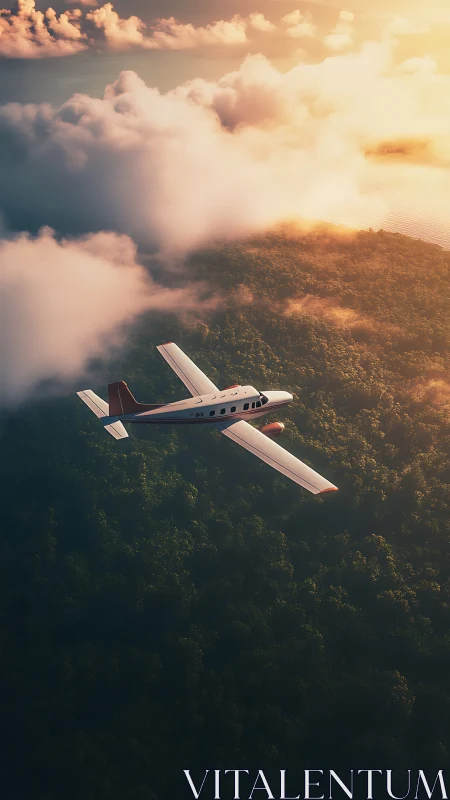 Light aircraft crosses misty forest coast at golden hour
