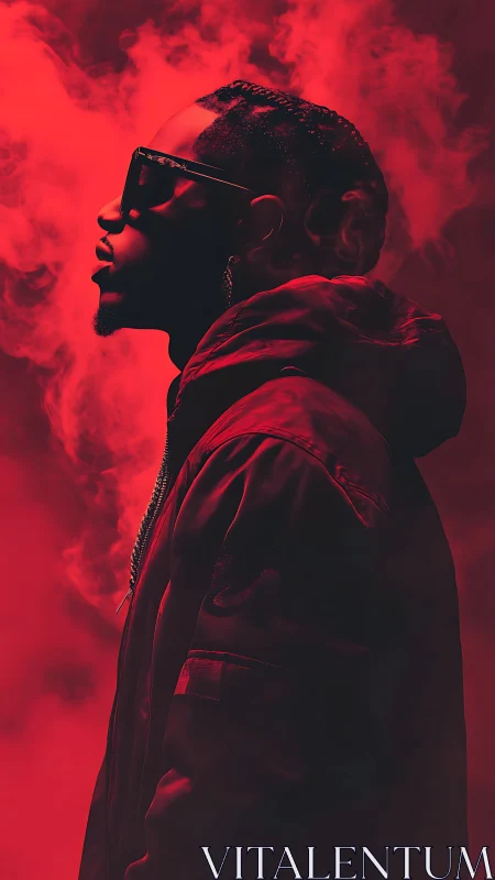 Side-lit male profile in red monochrome haze with dense smoke