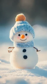 Small snowman in winter landscape with knitted hat.