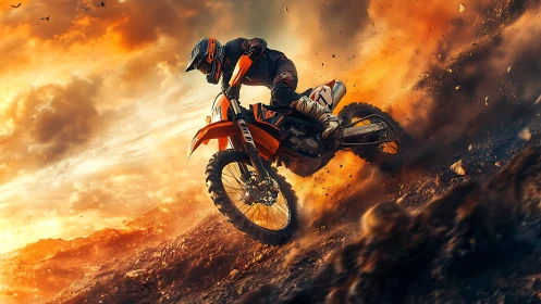 Dynamic digital painting of motocross rider in volcanic dust.