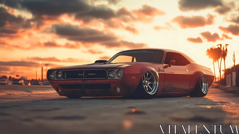 Sunset-slammed muscle car prowls the molten shoreline sky.