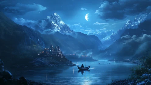 Moonlit journey across a tranquil blue mountain lake.