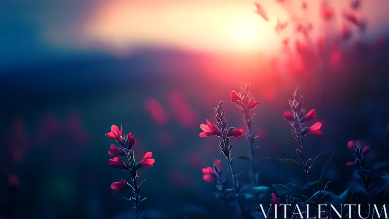Crimson Flowers Glowing in Sunset Haze