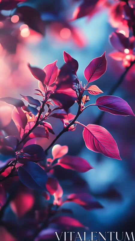 Branch foliage in pink and blue gradient lighting.