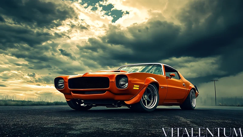 Low-angle render isolates orange muscle car under storm sky