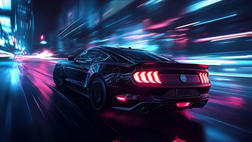 Cyberpunk muscle car in neon-lit night city motion blur