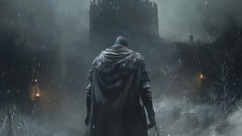 Lone warrior steps toward a stormy, haunted mountain fortress