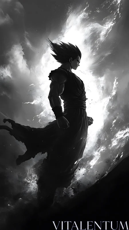 Monochrome warrior silhouette stands amid explosive storm light