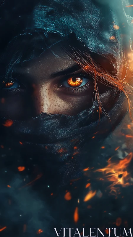 Hooded warrior stares with burning eyes through swirling embers