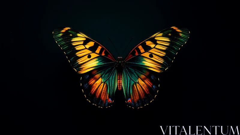 Multicolored butterfly on black background, wings extended.