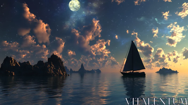 Moonlit sailboat drifting under cloud-splashed cosmic tides.
