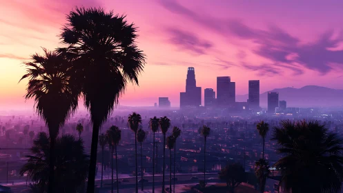 Sunset skyline with silhouetted palms in neon gradients.
