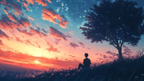 Solitary observer beneath gradient dusk skyfield matrix.