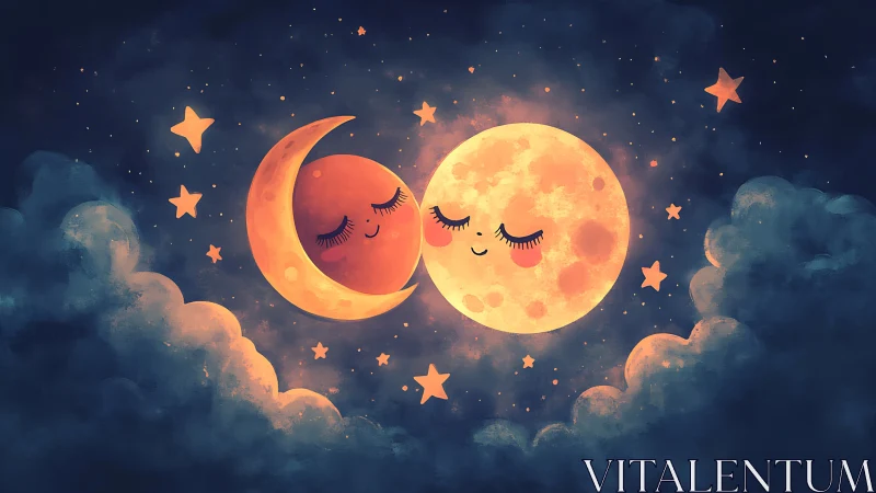 Moon and Crescent Share Dreamy Nighttime Embrace
