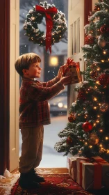 Child holding wrapped gift beside illuminated indoor Christmas tree