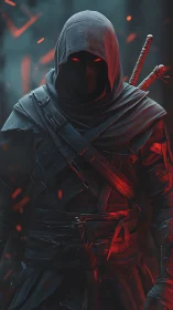 Mysterious hooded warrior glowing with ember-red power.