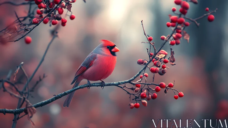 Vibrant cardinal perched on berry branch in soft dreamy light.