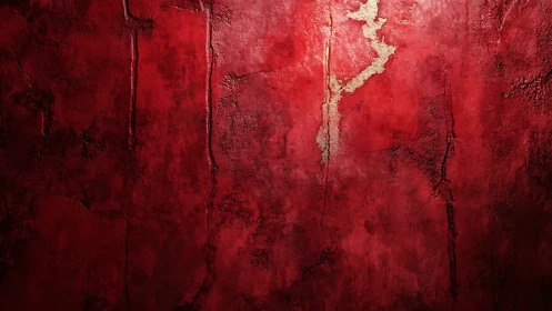 Weathered red plaster wall shows vertical cracks and erosion