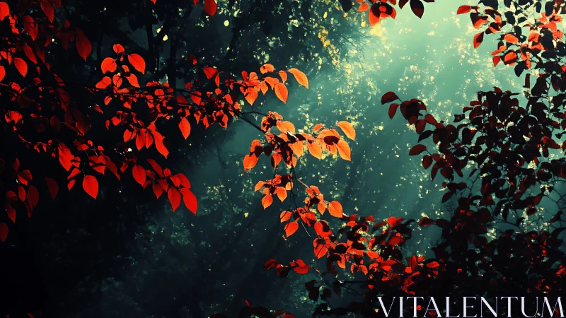 Crimson leaves converse with emerald mist in quiet forest light