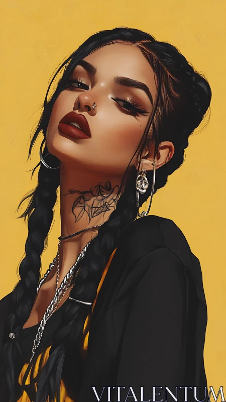 Braided rebel queen under sunlit yellow bravado.