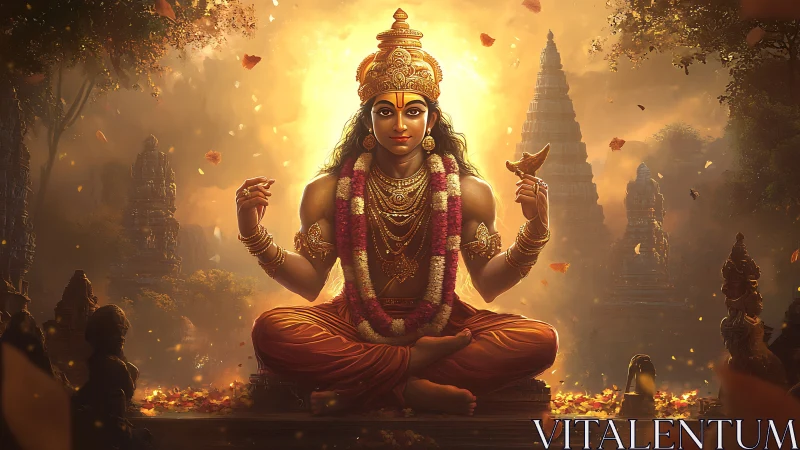 Divine deity portrait in radiant temple courtyard light study