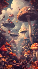 Whimsical forest of towering mushrooms and drifting clouds.