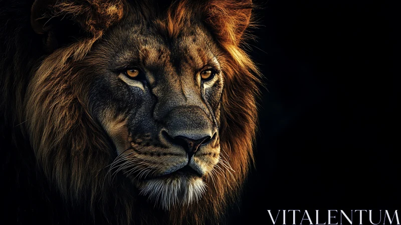Low key closeup portrait of male lion with rim lighting.