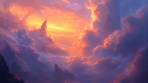 Digital painting of luminous storm clouds in celestial ascent.