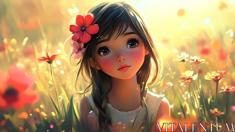 Backlit anime girl amid luminous wildflower bokeh field.