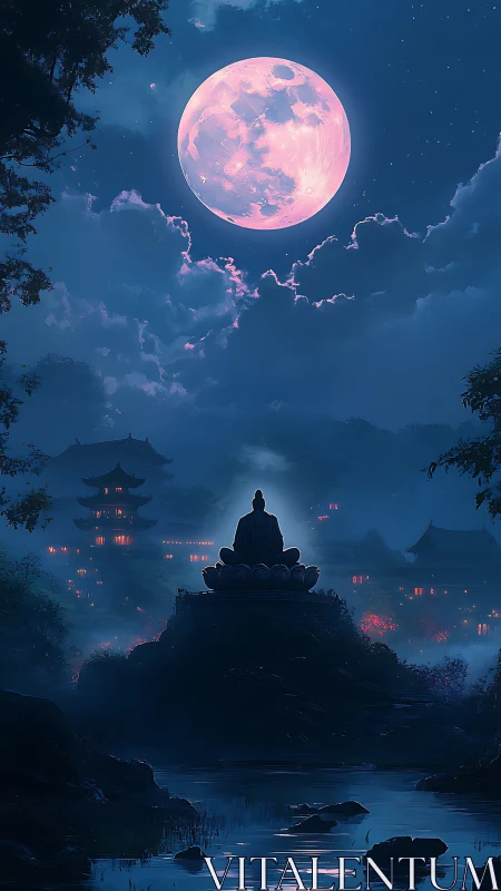 Monastic silhouette contemplates luminous pink moon over mist