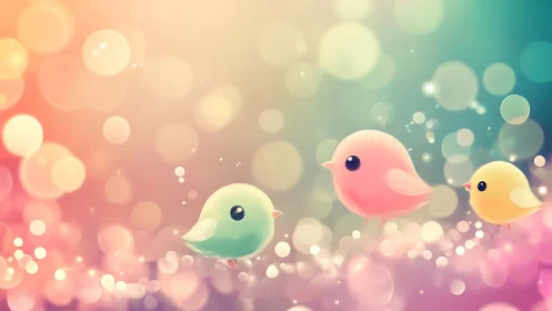Pastel songbirds drifting through dreamy bokeh stardust.