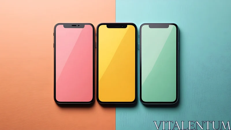 Triad of bezel-less smartphones on split pastel backdrop