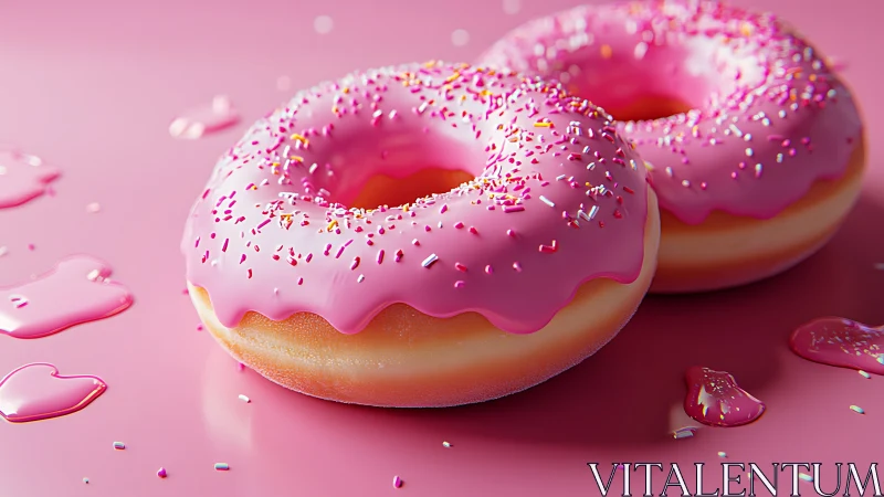 Glazed pink donuts glow on glossy monochrome backdrop.