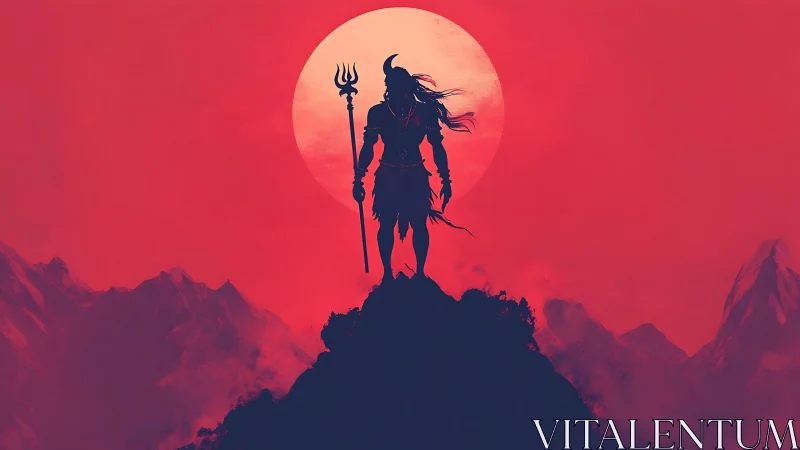 Silhouetted warrior stands on mountain peak before large sun