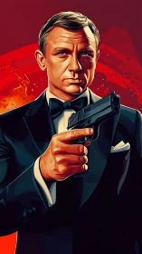Sharp-suited secret agent holds handgun against red backdrop.