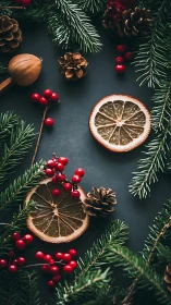 Holiday greenery, dried citrus and pinecones on dark table.