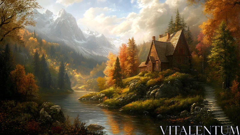 Riverside wooden cabin in autumn forest below mountain range.