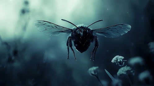 Nocturnal bee macro in moody teal forest glow.