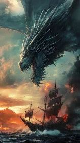 Mighty sea dragon soaring above a burning twilight ship.