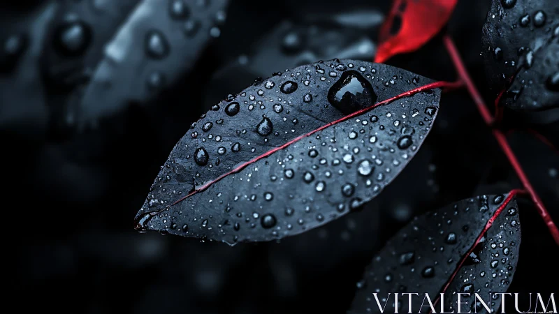 Macro raindrops on dark leaves with vivid red midribs.