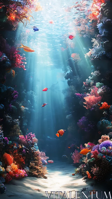 Sunlit coral canyon holds vibrant reef fish in clear water