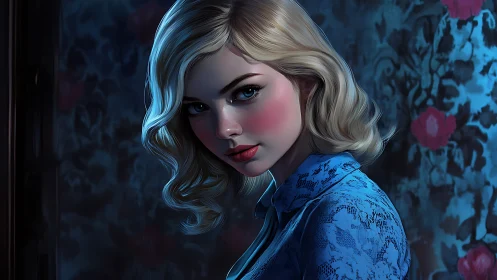 Blonde woman rendered in moody blue light against patterned wall
