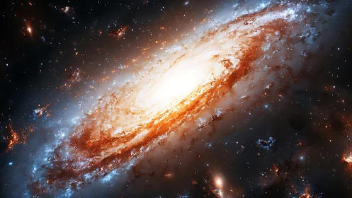 Spiral galaxy core burns with orange dust and blue stars.
