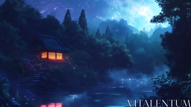 Lantern-lit riverside temple glows under a dreamy starlit sky.