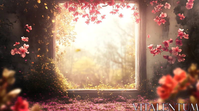 Soft morning light pours through a blossom framed window