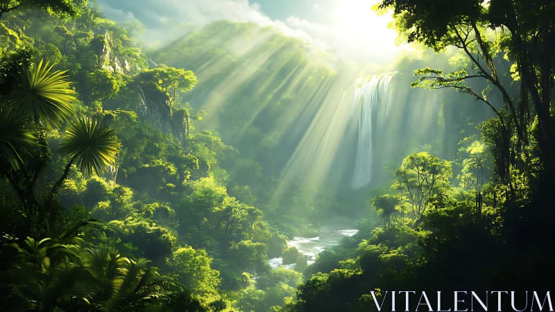 Mystical Jungle Waterfall with Divine Light Rays.