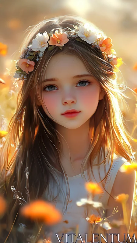 Digital portrait girl with flower crown in warm field.