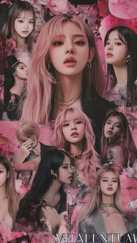 Layered pink portraits in expressive digital collage style.