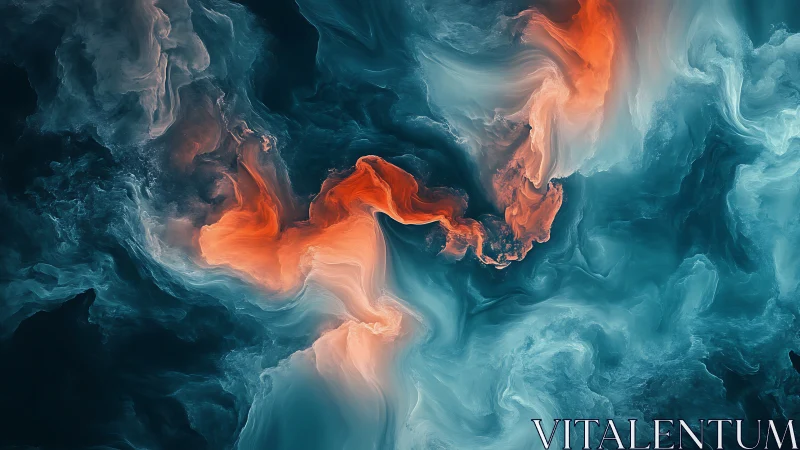 Turbulent teal and coral fluid dynamics rendered as digital nebula